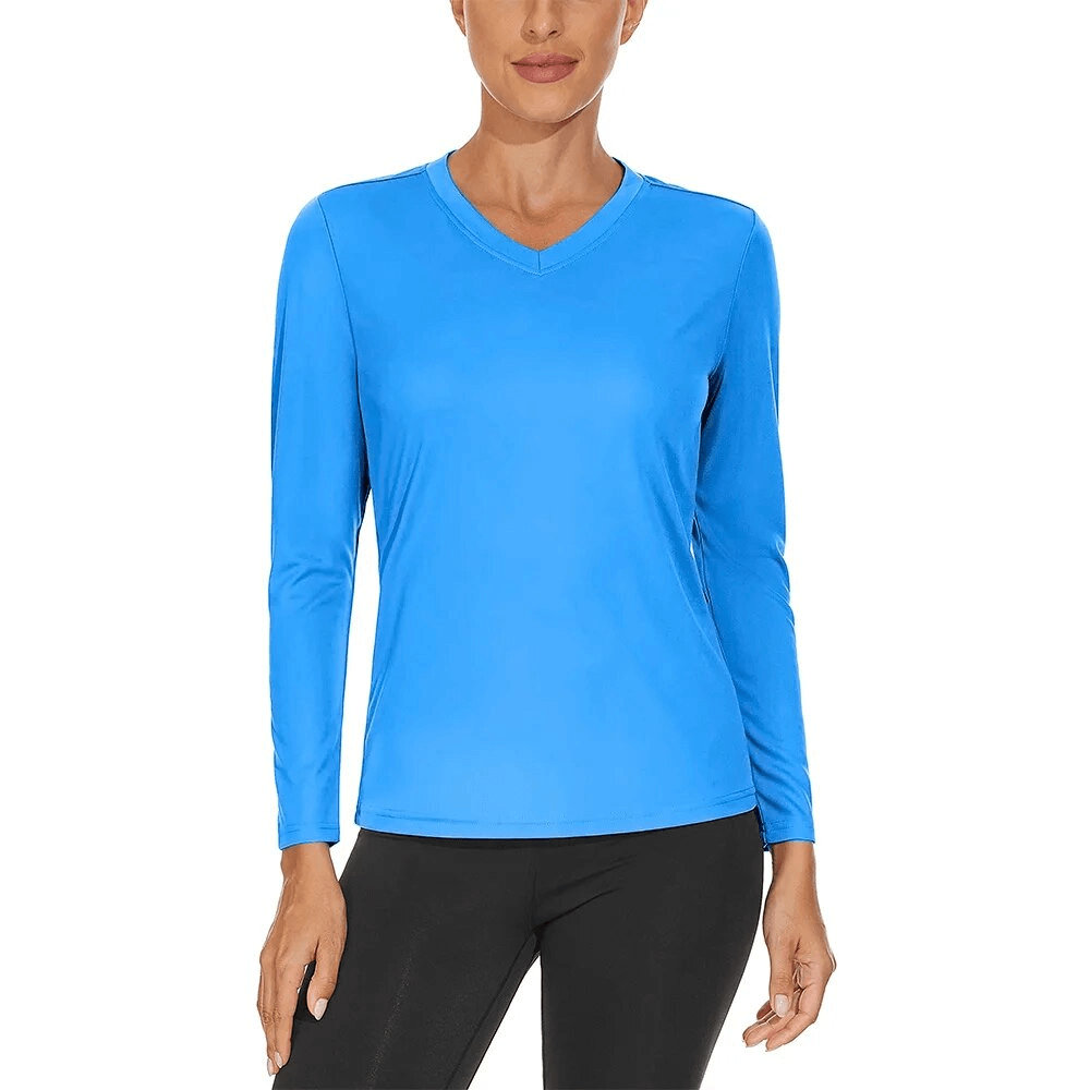 Women's long sleeve V-neck blue sports top with UPF 50+ sun protection, breathable and quick-drying for outdoor adventures.